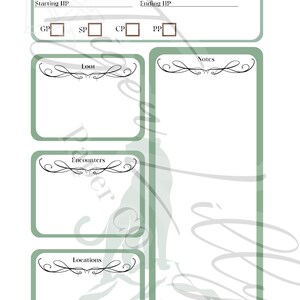 May include: A green and white printable Dungeons and Dragons session tracker with sections for starting and ending HP, GP, SP, CP, PP, loot, encounters, and locations.