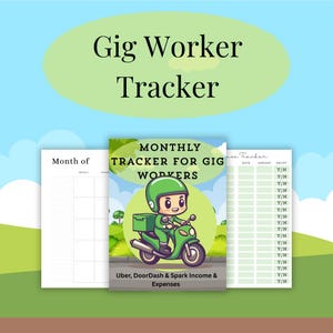 Może przedstawiać: Planer zatytułowany "Gig Worker Tracker" z kreskówką dostawcy na skuterze. Planer zawiera sekcje do śledzenia dochodów, wydatków i kalendarz miesięczny. Widoczny jest również tekst "Uber, DoorDash & Spark Income & Expenses".