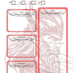 May include: A printable Dungeons and Dragons character sheet with sections for starting and ending hit points, gold, silver, copper, and platinum pieces, loot, encounters, locations, and notes. The sheet features a red and white illustration of a Viking warrior with a beard and helmet.