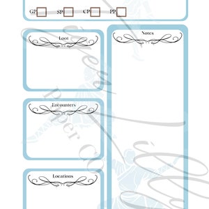 May include: A blue and white printable session tracker for role-playing games. The tracker includes sections for starting and ending hit points, gold, silver, copper, and platinum pieces, loot, encounters, locations, and notes.