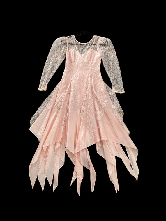 Vintage 80s Pink Lace Handkerchief Bottom Dress  E
