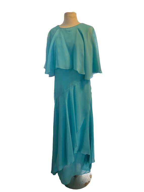 Vintage 70s Victor Costa Chiffon Turquoise Goddes… - image 3