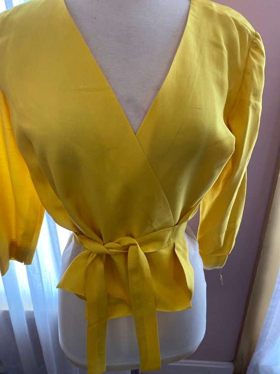 Vintage 70s Blouse Silk canary yellow wrap small … - image 1