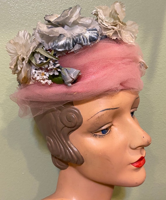 Vintage 50s pink hat with flowers - image 6