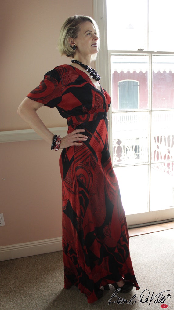 Vintage 80s  Dress Large Red Graphic bias cut - image 5