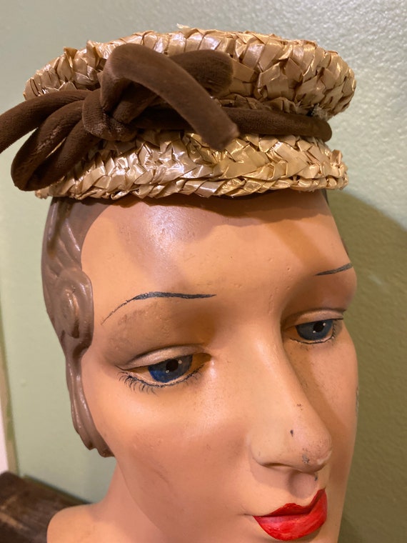 50s straw fascinator with velvet ribbon Vintage h… - image 2