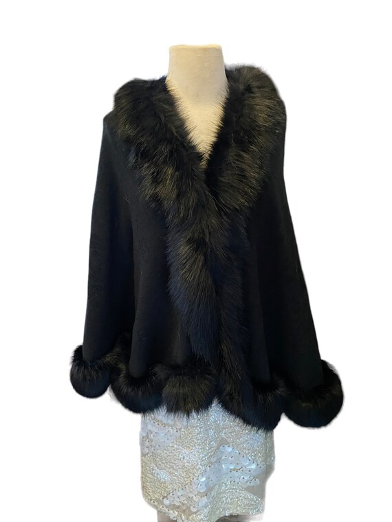 Vintage 80s Faux Fur Vegan Wrap Black Cape