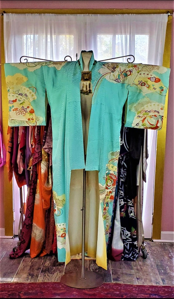 Turquoise Embroidered Vintage Kimono