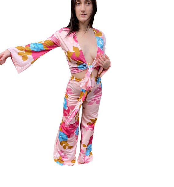 Vintage 70s floral psychedelic pantsuit small gorg