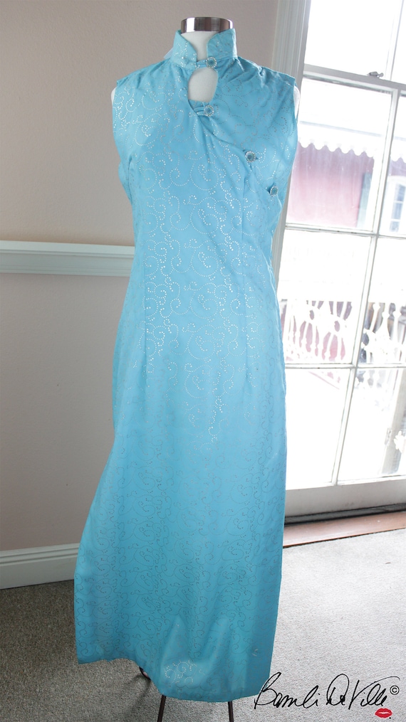 60s Blue Hostess Gown with Neru CollarXL Plus Vint