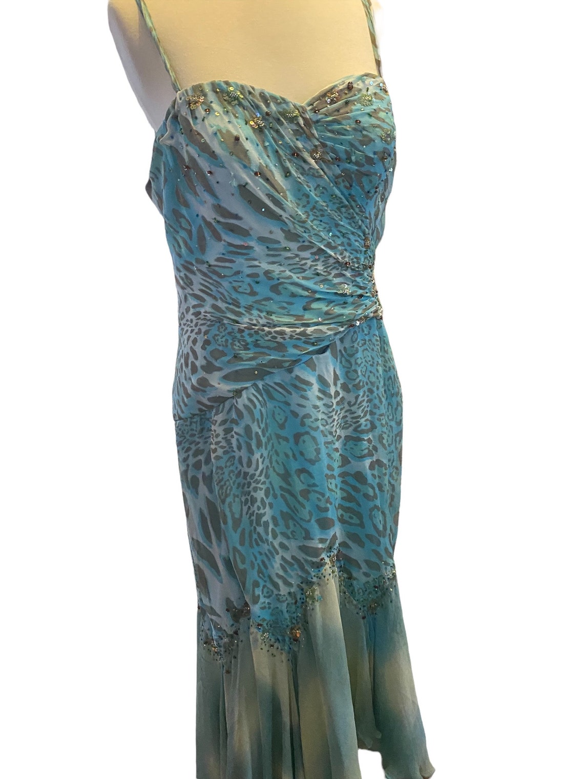 Vintage Mermaid Gown Blue Ombré Animal Print Large Maxie Chiffon Size ...