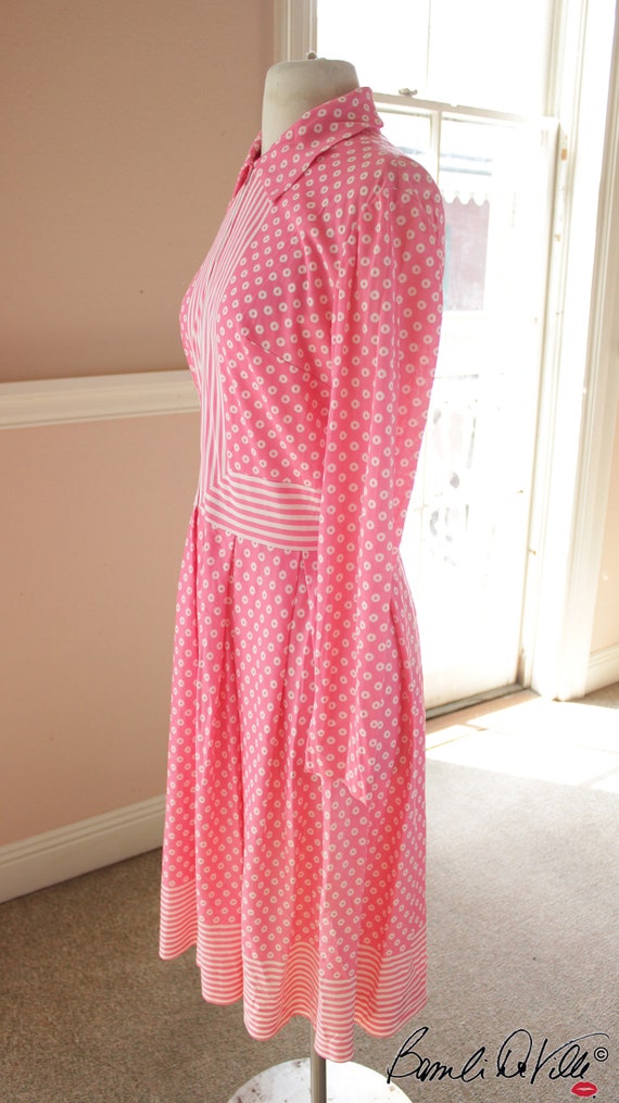 Vintage Mod 60s Pink Dots and Stripes Skater Dres… - image 2