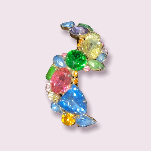 Grande broche colorée vintage des années 50 tourmaline saphir aigue-marine émeraude topaze citrine péridot améthyste couleurs