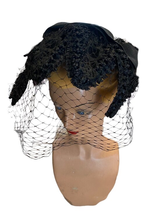 40s fascinator art deco black netting felt magnif… - image 2