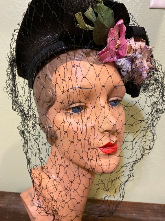 40s vintage hat floral netting fascinator - image 2