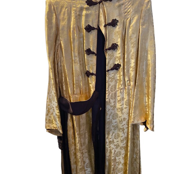 Vintage 70s  Asian style dress/jacket vintage size 18 yellow satin xl xxl 44/46 Bust 60” long Plus Volup