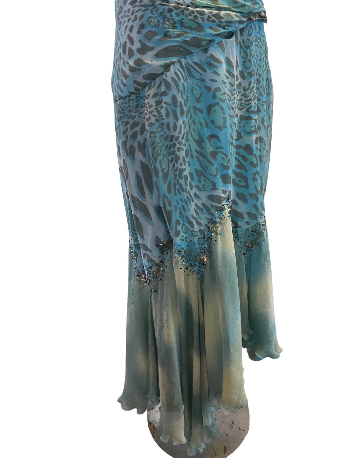 Vintage Mermaid Gown Blue Ombré Animal Print Large Maxie Chiffon Size ...