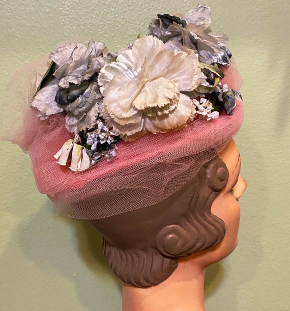 Vintage 50s pink hat with flowers - image 7