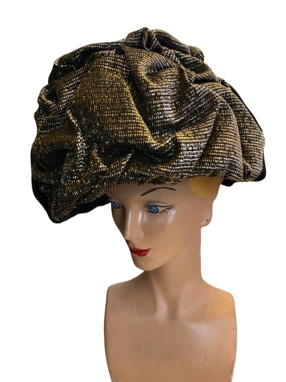 Vintage Turban 60s gold Lame’Turban Black and gol… - image 5