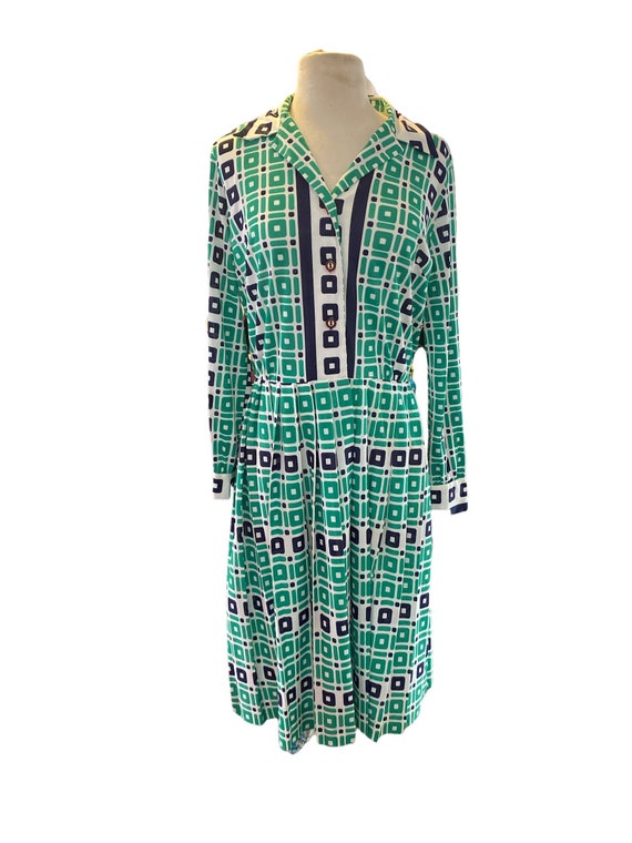 Vintage 60s graphic print dress mod silky poly ble