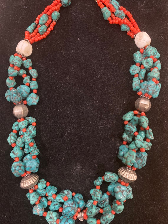 Vintage Turquoise and Coral bone and silver bead necklace Vintage Southwestern