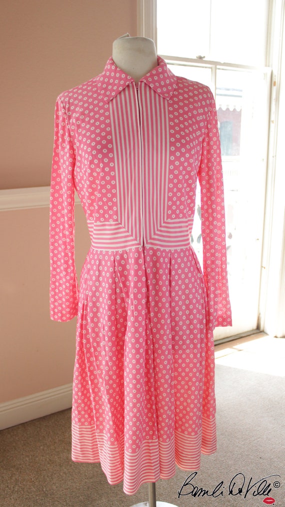 Vintage Mod 60s Pink Dots and Stripes Skater Dres… - image 1