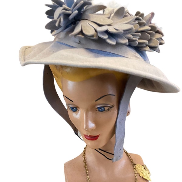 chapeau vintage des années 30 40 en feutre bleu bébé floral