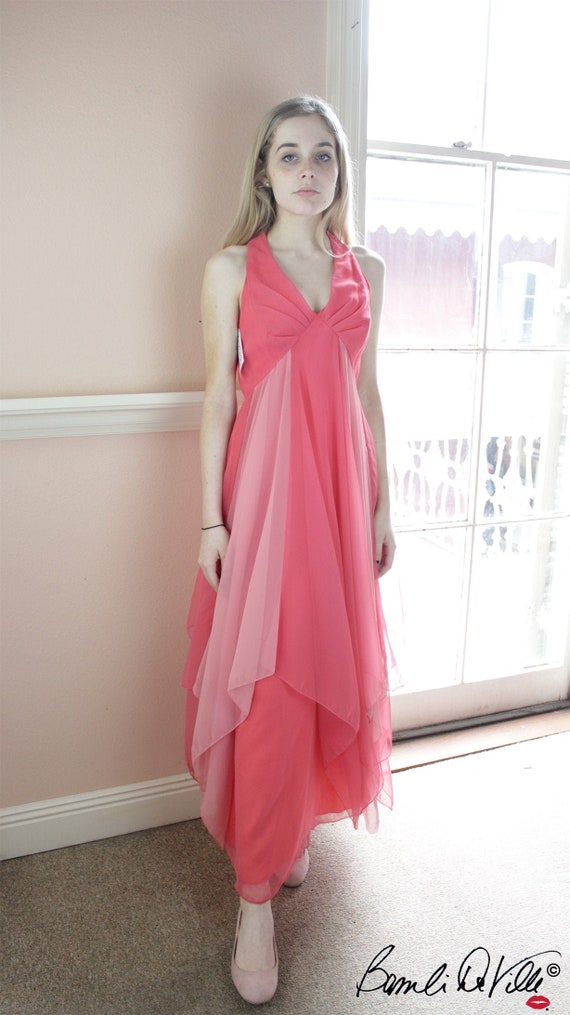 Vintage Chiffon Goddess 70s Dress Pink - image 2