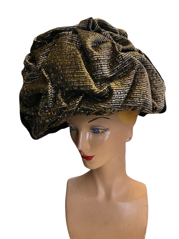 Vintage Turban 60s gold Lame’Turban Black and gol… - image 1