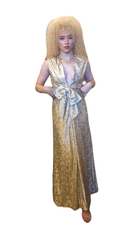 Vintage gold Lame’  late 60s 70s maxi dress extra 