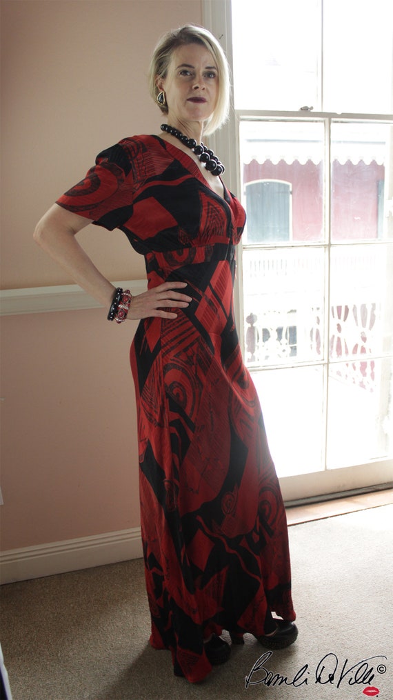 Vintage 80s  Dress Large Red Graphic bias cut - image 3