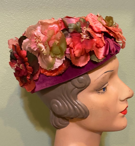50s Vintage  Hat Red Floral - image 1