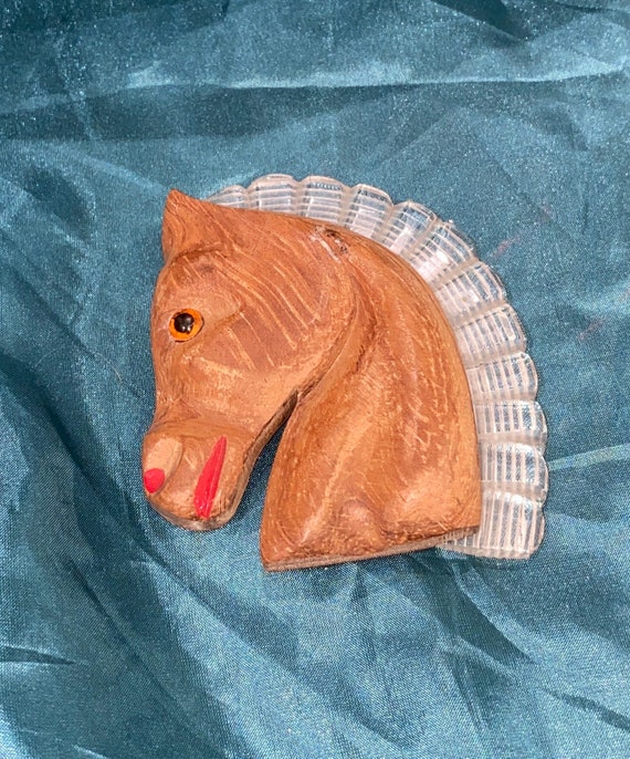 Vintage 40s horse Brooch celluloid and Wood - image 1