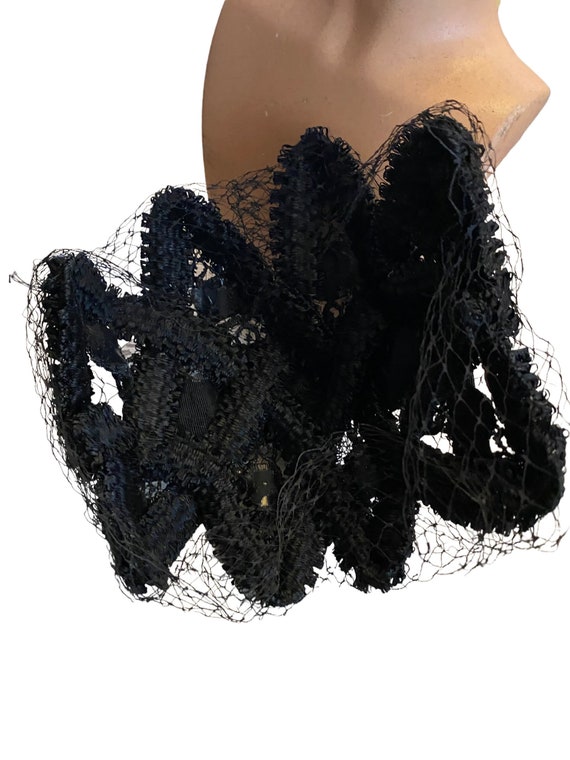 40s fascinator art deco black netting felt magnif… - image 4