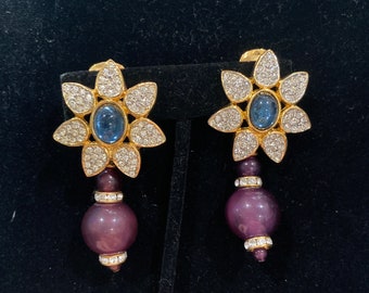 Vintage Oscar de la Renta sapphire and Crystal earrings Clip on signed