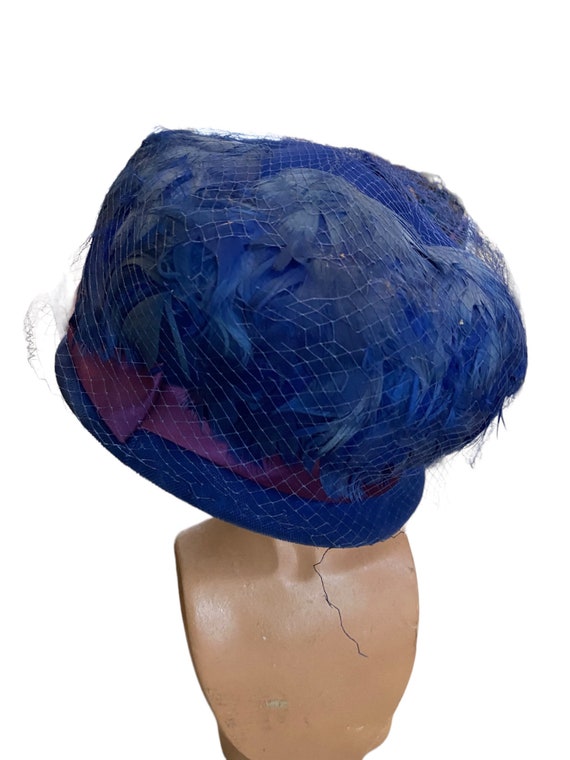 Vintage 60s blue feather hat royal blue gorgeous M