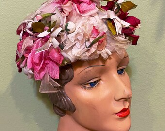 Vintage 50s Sombrero floral rosa de los años 50 vintage