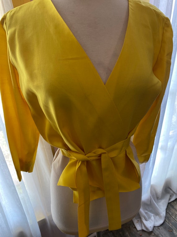 Vintage 70s Blouse Silk canary yellow wrap small … - image 2