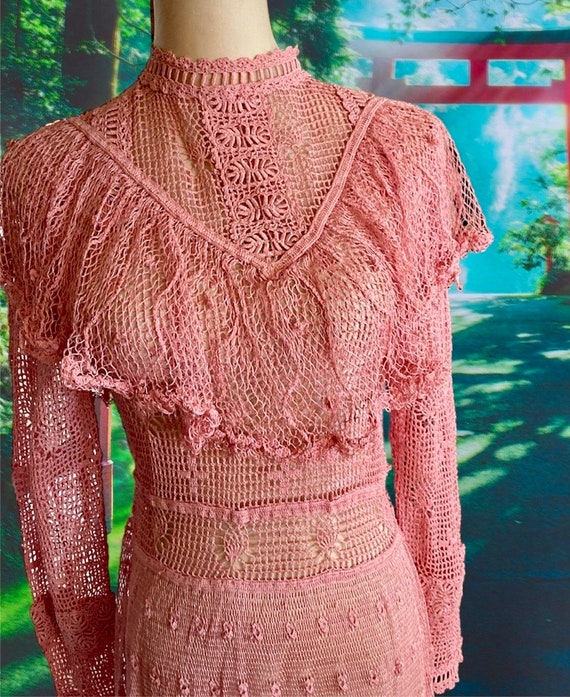 Vintage Victorian Style 70s Sheer Crotchet Pink R… - image 1