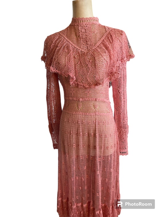 Vintage Victorian Style 70s Sheer Crotchet Pink R… - image 5