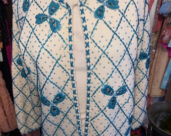 Vintage 50s Miss Ruth of Miami Florida made in Hong Kong wall Beaded embroidered sweater size 14 vintage