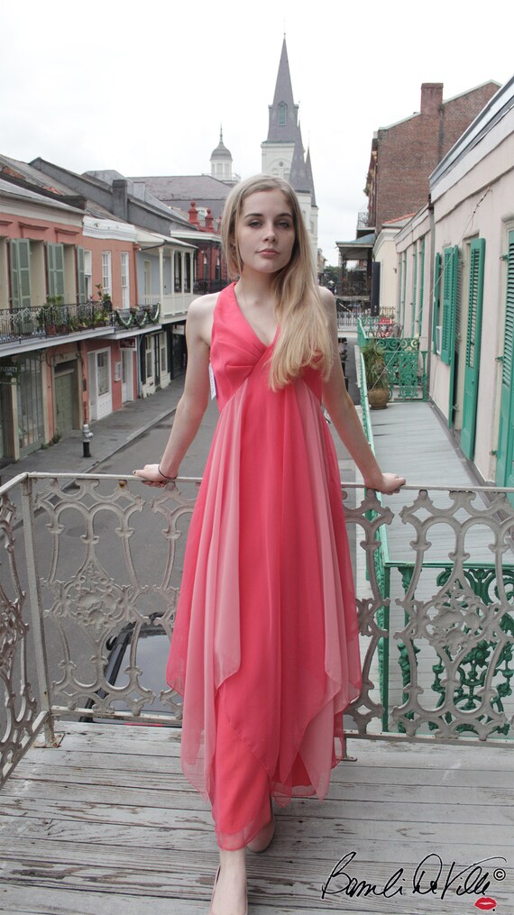 Vintage Chiffon Goddess 70s Dress Pink - image 5