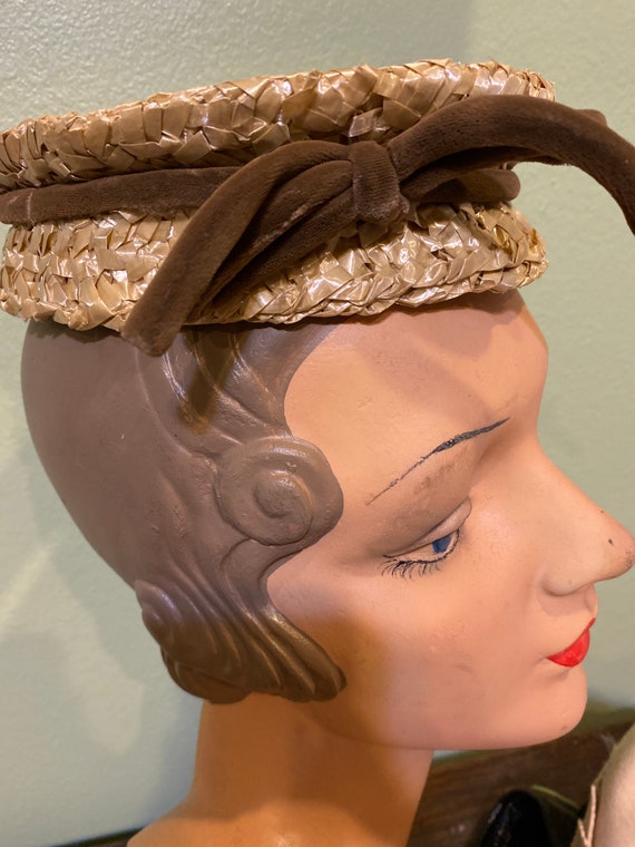 50s straw fascinator with velvet ribbon Vintage h… - image 3