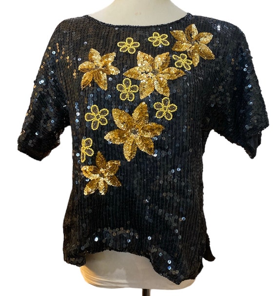 Vintage 80s sequins, black and gold top and large - image 1