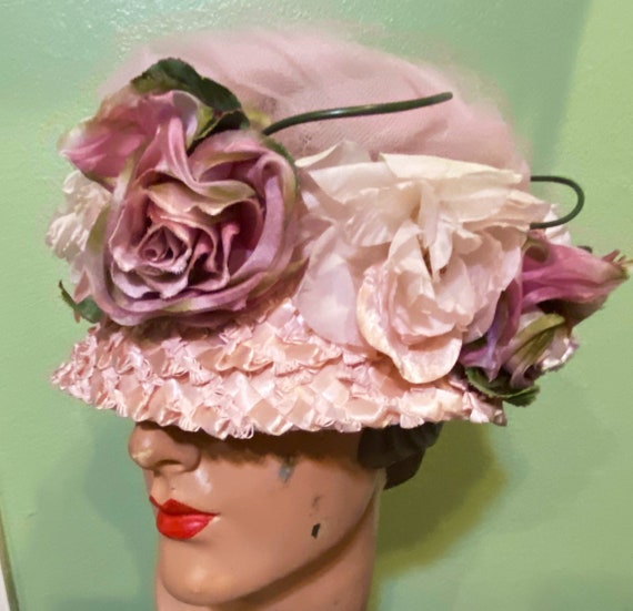 Vintage Pink floral vintage 50s hat - image 1