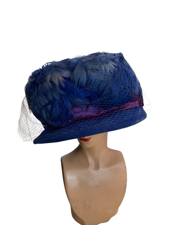 Vintage 60s blue feather hat royal blue gorgeous … - image 3