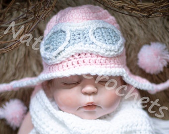 Newborn Pilot Hat, Baby Pilot Hat, Pilot Hat for Girls, Girl Aviator Hat, Crochet Baby Hat, Girl Pilot Hat, Newborn Photography Prop