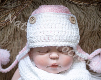 Newborn Pilot Hat, Baby Pilot Hat, Pilot Hat for Girls, Girl Aviator Hat, Crochet Baby Hat, Girl Pilot Hat, Newborn Photography Prop