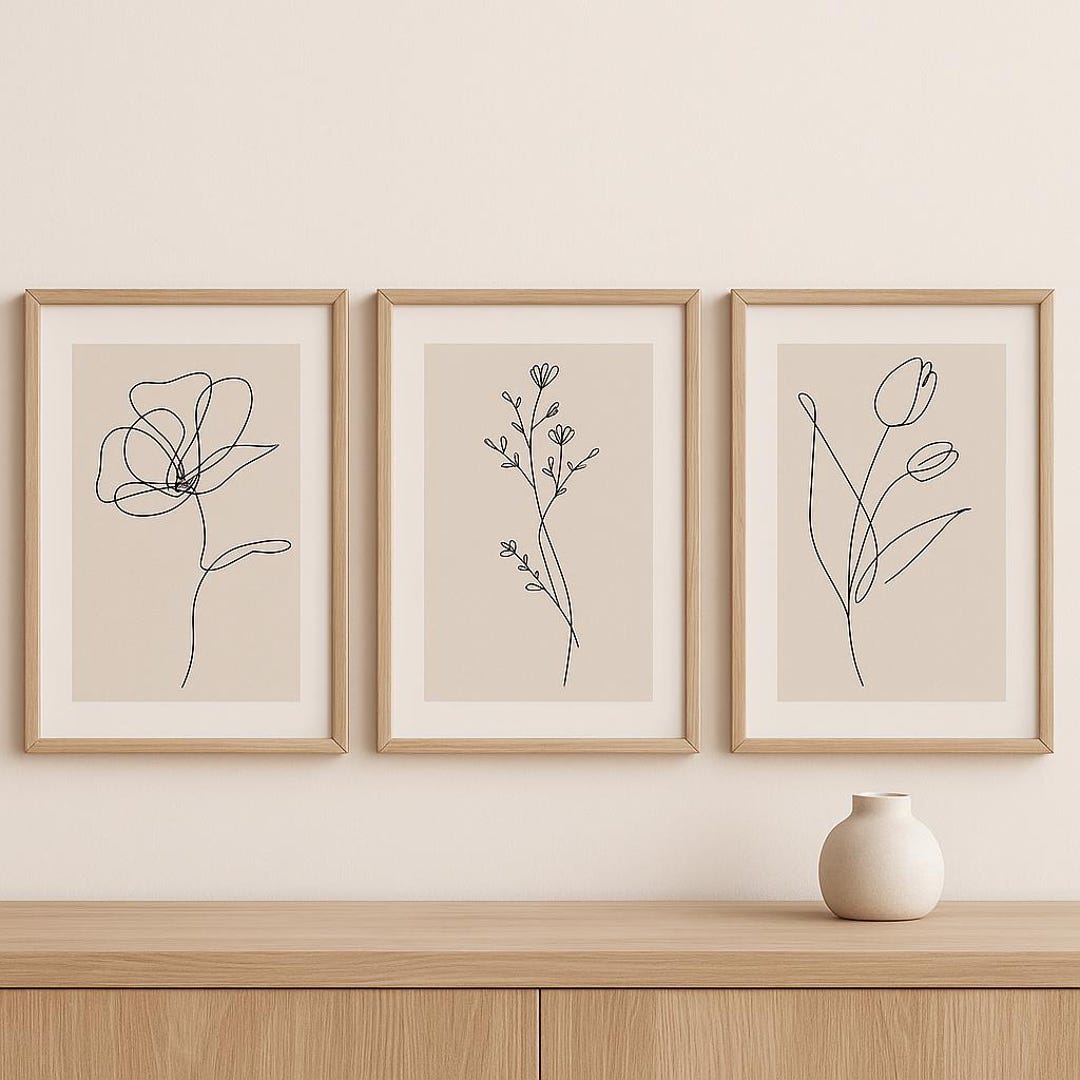 Neutral Minimalist Flower Wall Art Set | Beige Botanical Line Art ...