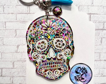 Mardi Gras Voodoo Sugar Skull Handmade 3D Keychain Macrame Metal Keyring Charm 